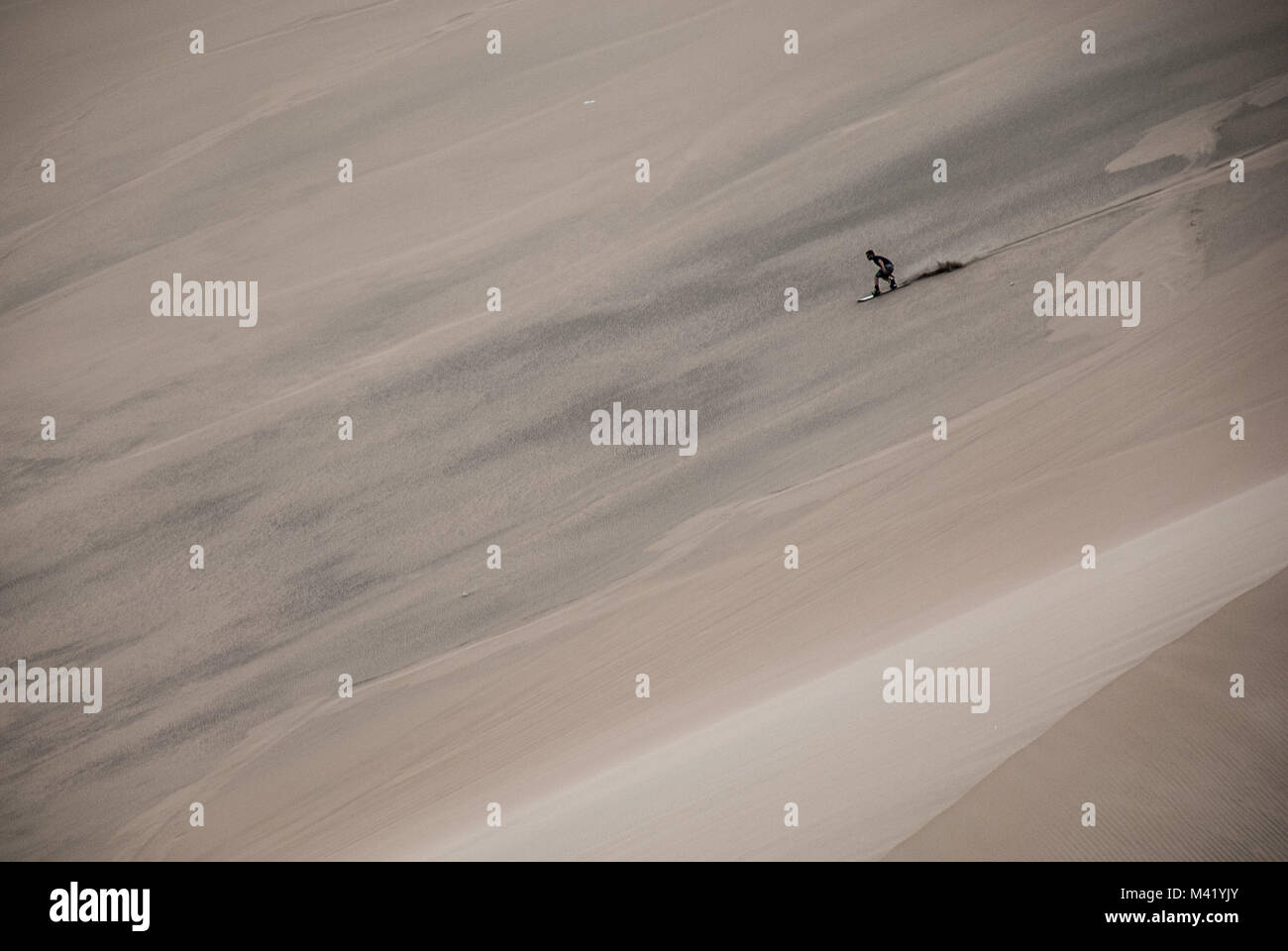 A person sandboarding down a large dune near Huacachina, Peru Stock Photo