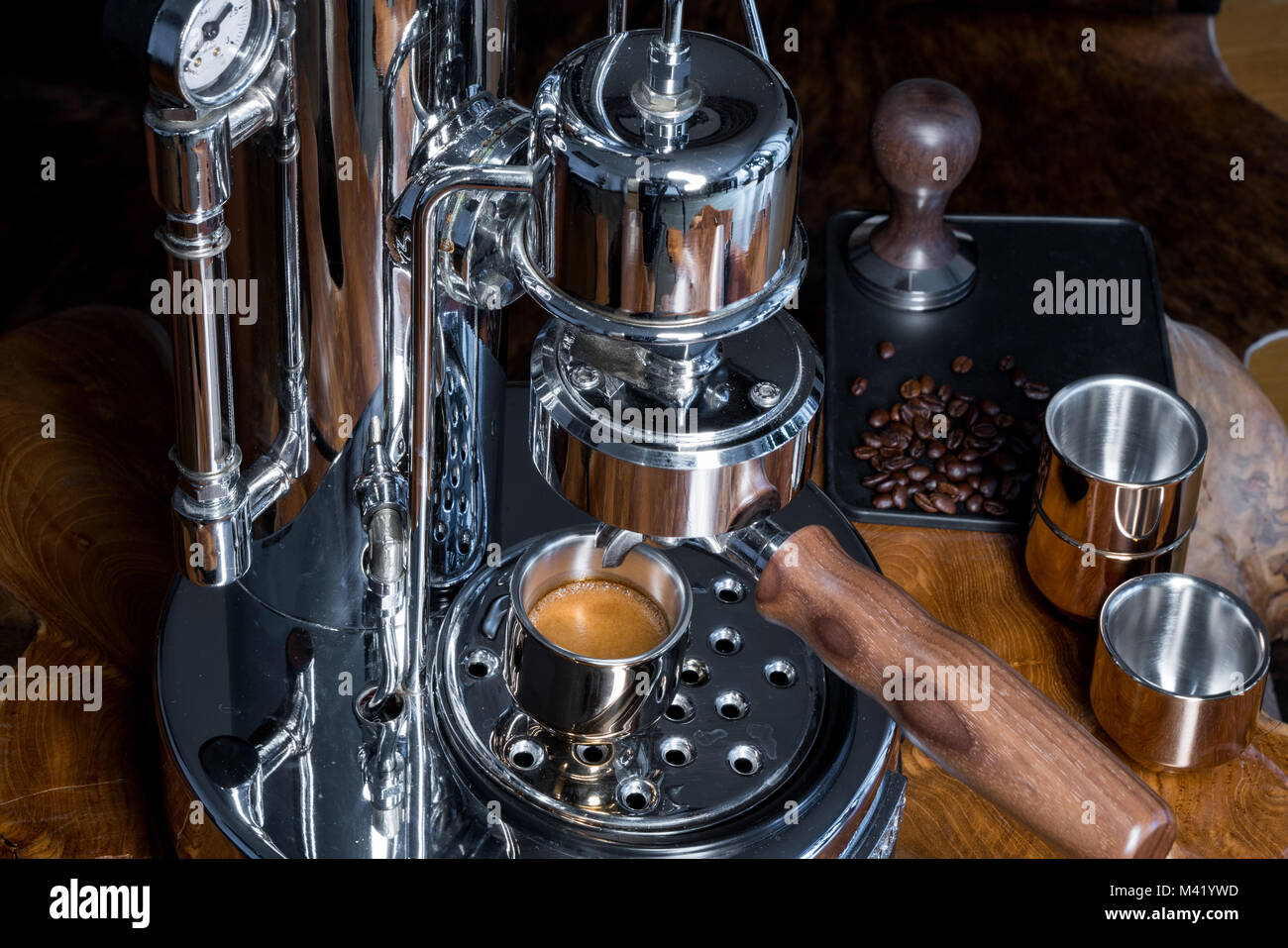 Luxury High-End Espresso machine - freshly poured coffee at home Stock Photo