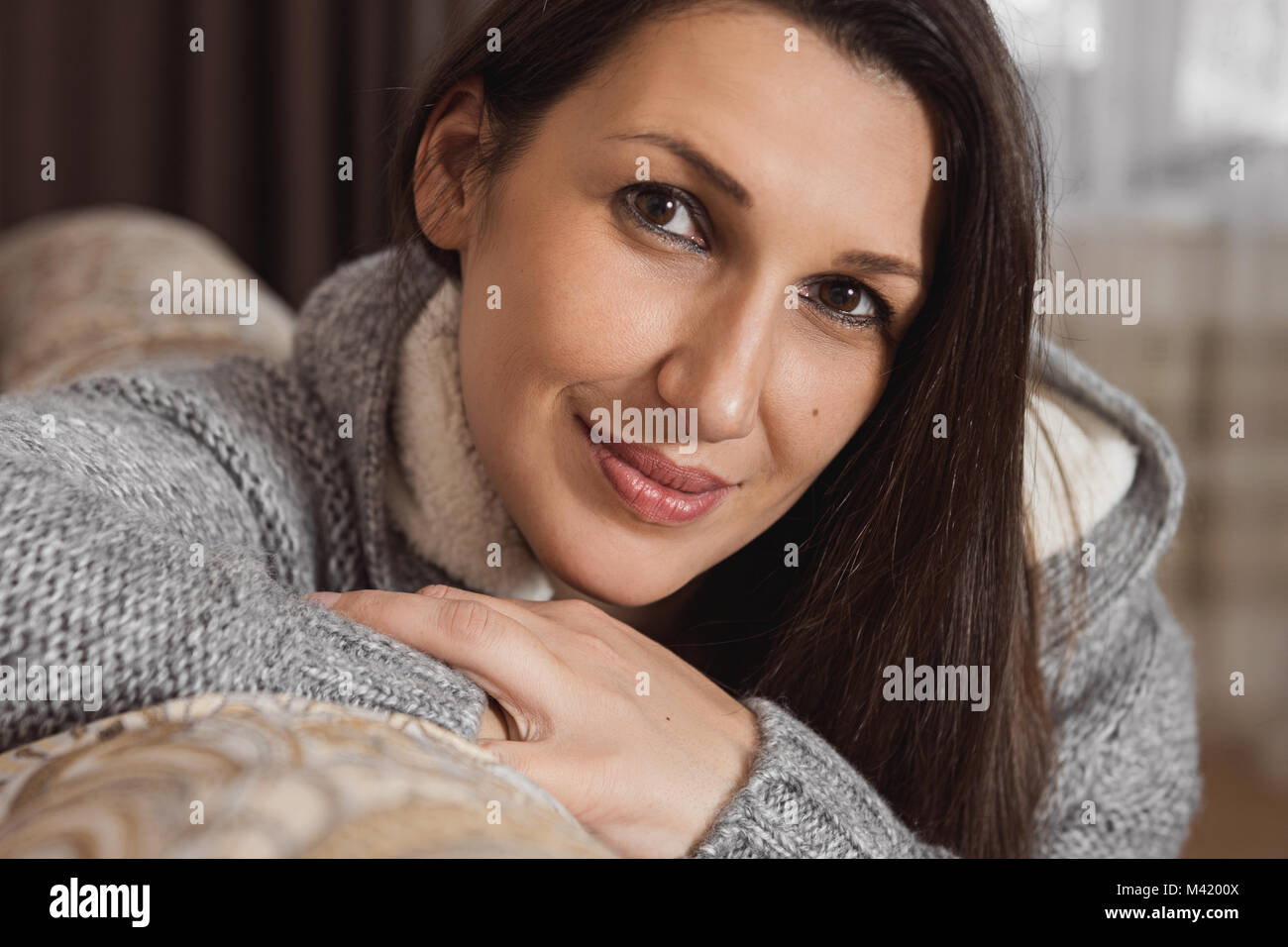 Portrait of a beautiful smiling woman closeup Stock Photo