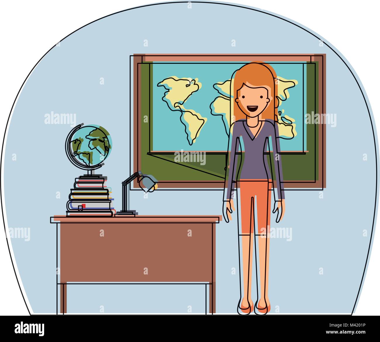 female teacher in geography class with pile books Stock Vector Image ...