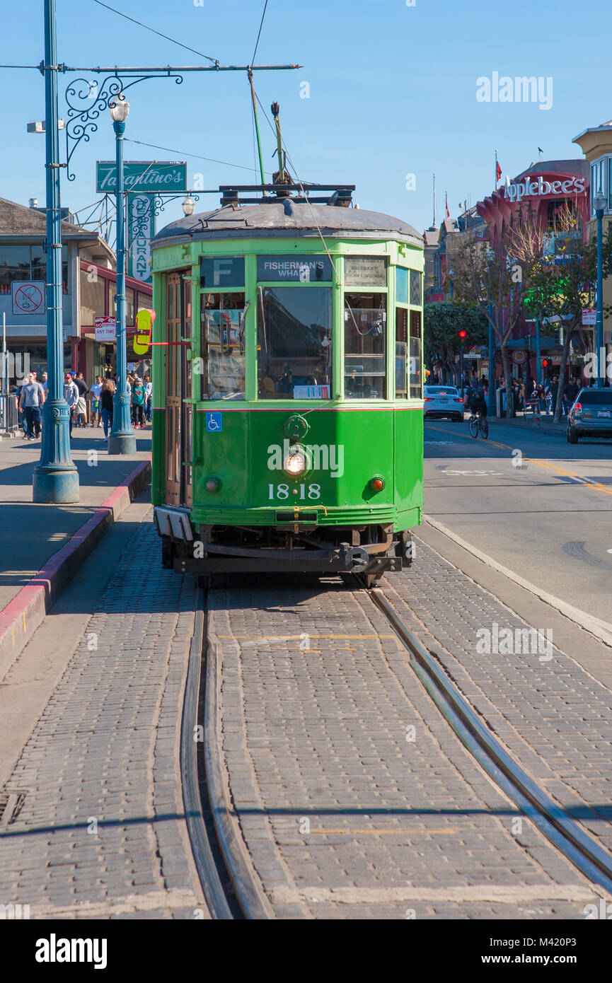 San Francisco, CA - February 03: A trolley car awaits passengers at San Francisco's Fisherman's Wharf Stock Photo