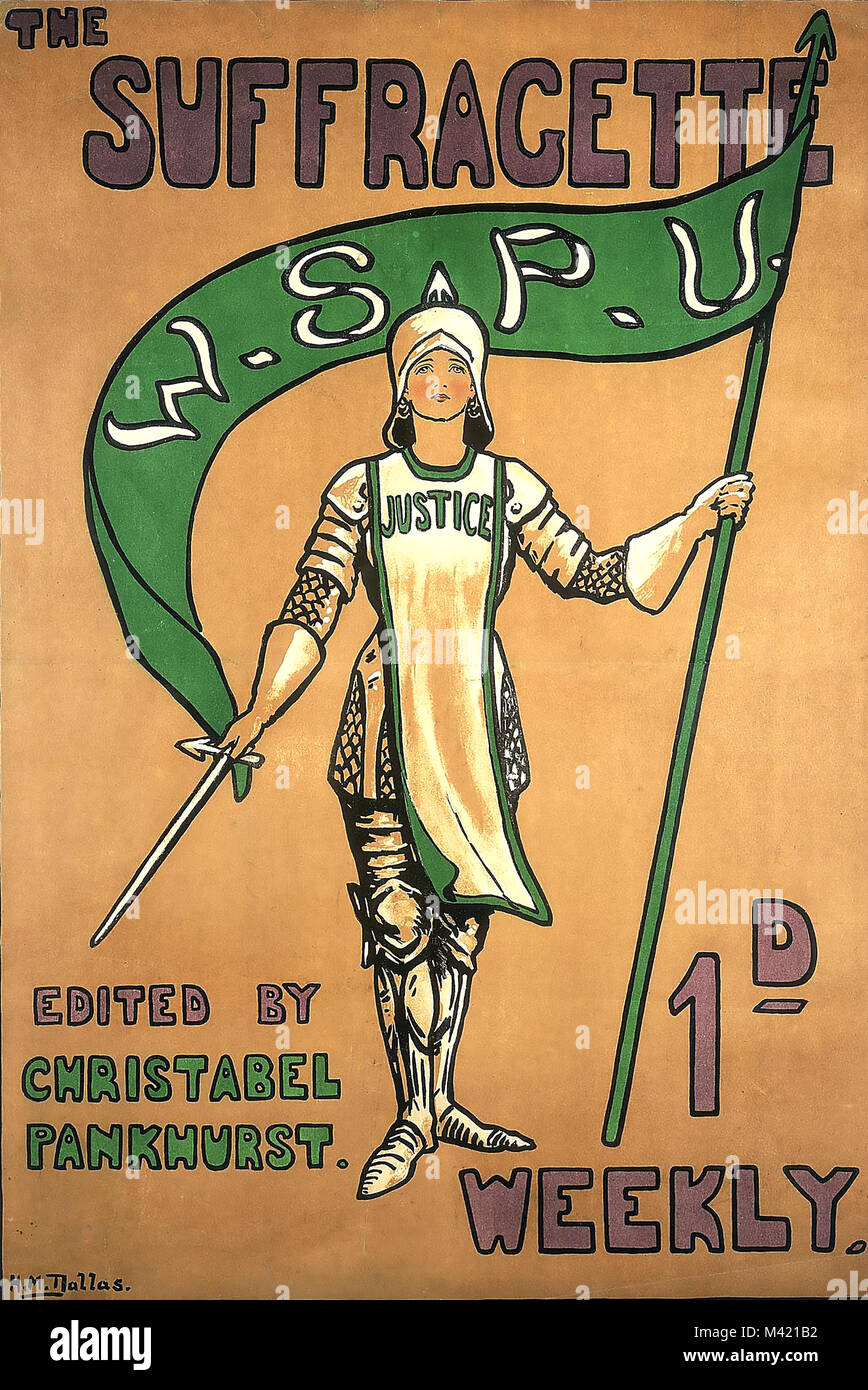 THE SUFFRAGETTE Poster about 1912 advertising the weekly newspaper of the Woman's Social and Political Union edited by Christabel Pankhurst. The Joan of Arc figure is shown with the purple, green and white colours of the movement. Stock Photo