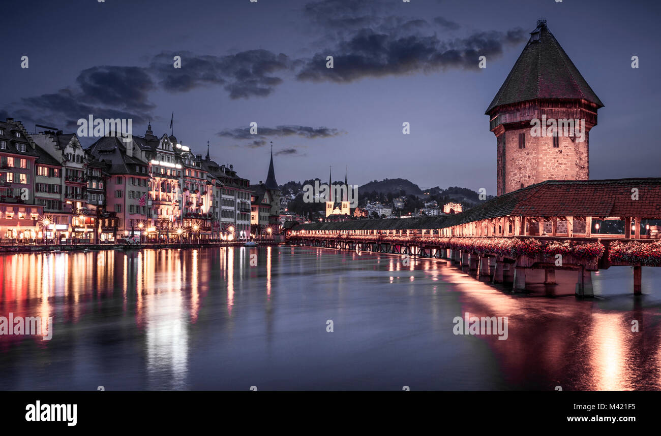 View on Chapel Bridge and Water Tower in Lucerne, Switzerland Stock Photo