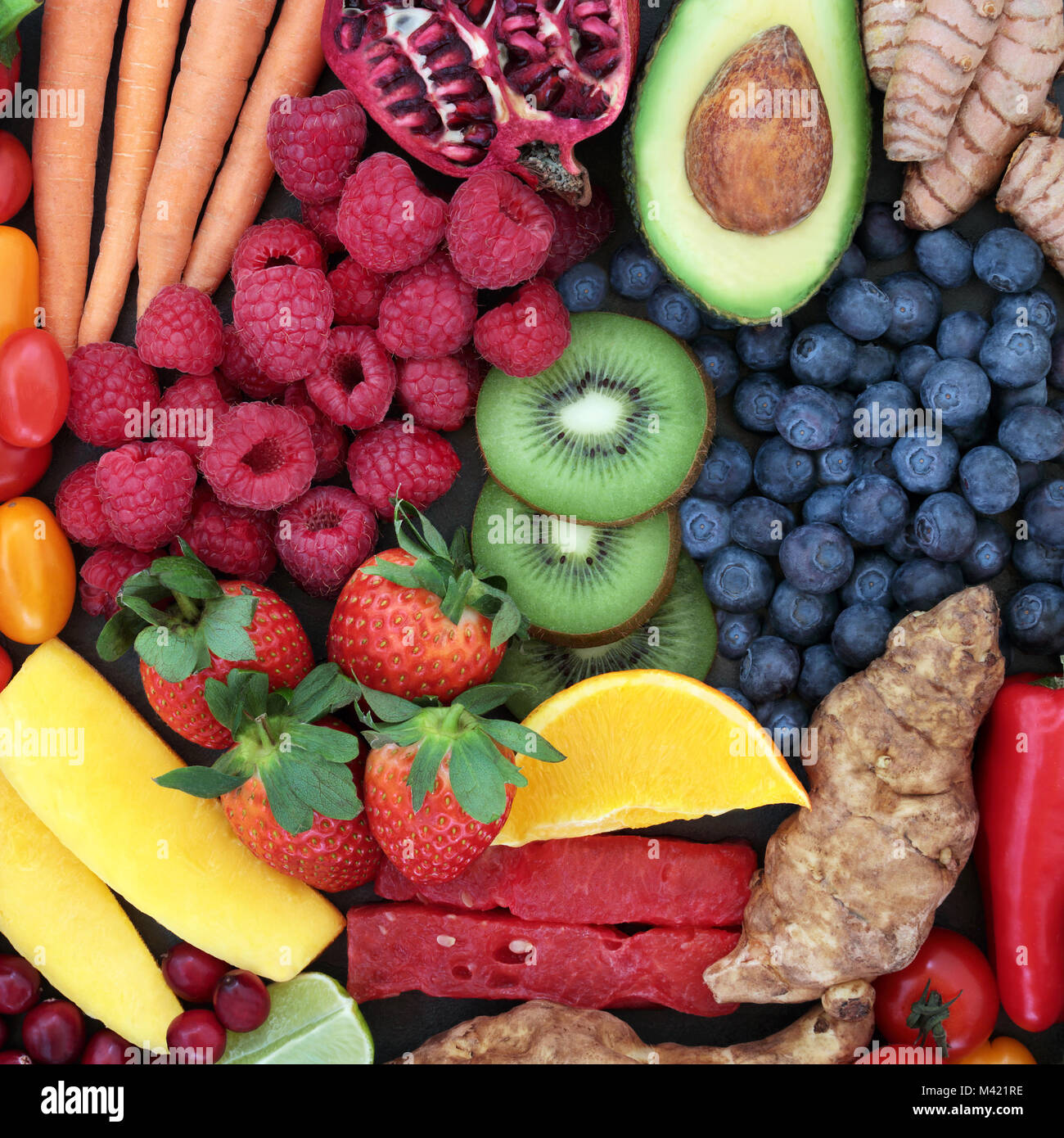 Fruit and vegetable health food background high in antioxidants