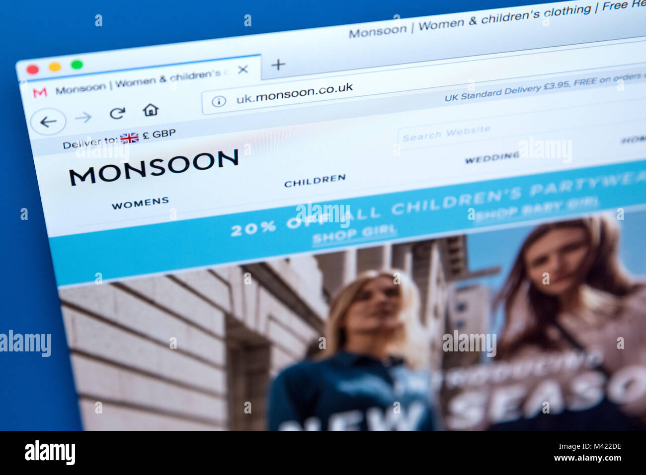 LONDON, UK - FEBRUARY 8TH 2018: The homepage of the official website for Monsoon - the British clothing chain owned by Monsoon Accessorize, on 8th Feb Stock Photo