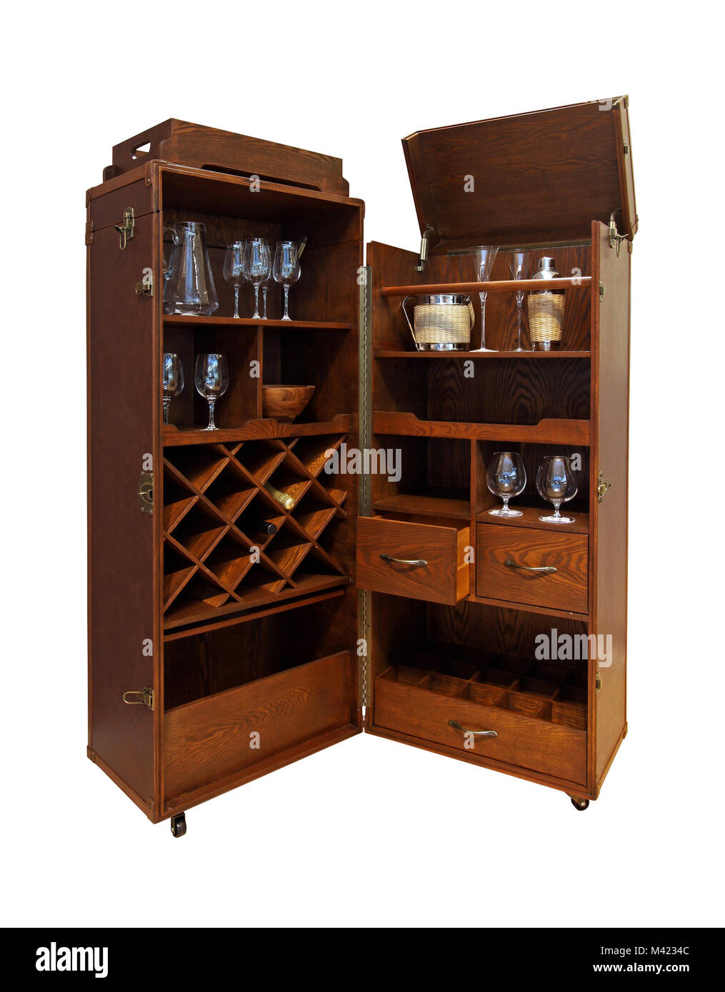 Wooden portable home bar with wheels isolated with clipping path included Stock Photo Alamy