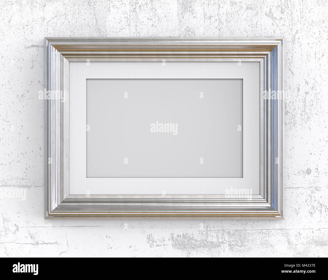 3D render of Vintage Silver Frame with passe-partout on concrete wall. Blank for Copy Space. Stock Photo