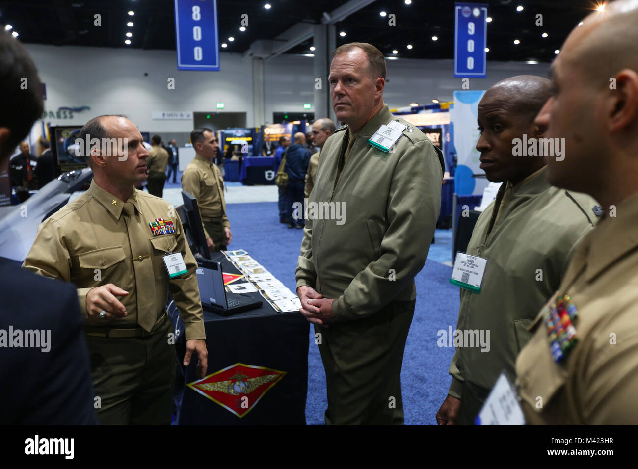 Maj. Gen. Mark R. Wise, 3rd Marine Aircraft Wing (MAW) commanding general, visits the 3rd MAW display at WEST 2018 in San Diego, Feb. 8. WEST 2018 allows innovators, industry leaders and the military the opportunity to network, learn and work together with the goal of meeting and overcoming challenges facing today's Sea Services. (U.S. Marine Corps photo by Sgt. David Bickel/Released) Stock Photo