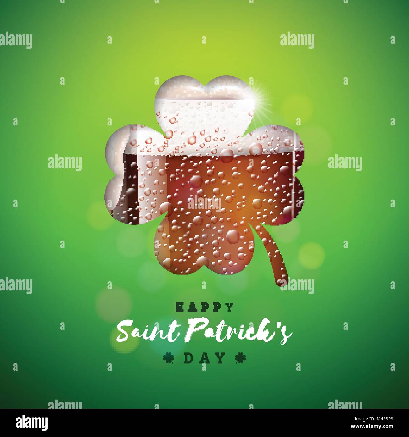 Saint Patricks Day Design with Fresh Dark Beer in Clover Silhouette on Green Background. Irish Festival Celebration Holiday Design with typography and Shamrock for Greeting Card, Party Invitation or Promo Banner. Stock Vector