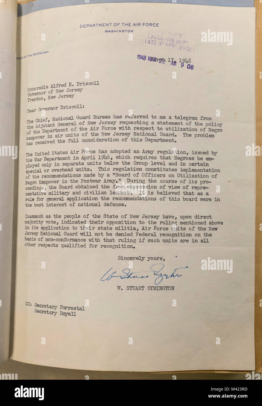 Letter from W. Stuart Symington, Secretary of the Air Force, sent to New Jersey Governor Alfred E. Driscoll on March 17, 1948, authorizing racially mixed units in the New Jersey Air National Guard. This made the New Jersey National Guard the first federally recognized military component to be integrated. (New Jersey National Guard photo by Mark C. Olsen) Stock Photo