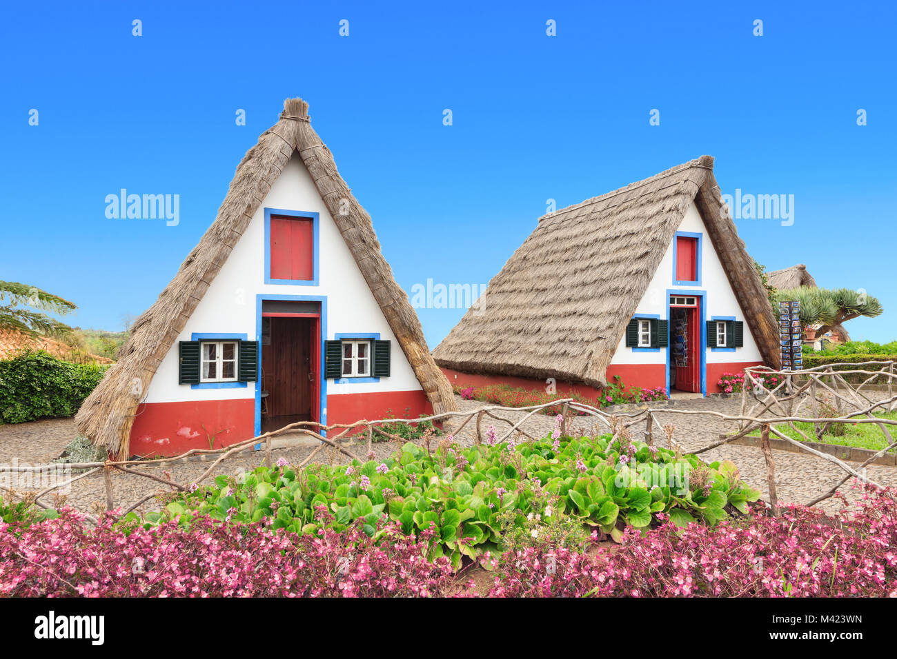 Typical A-frame houses of Madeira Stock Photo