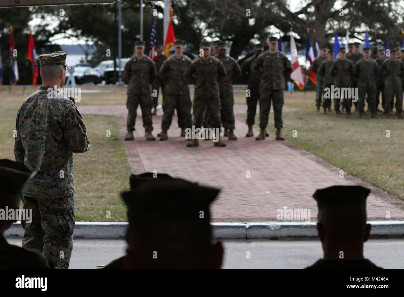 Lt. Col. Joshua Whamond addresses service members during an activation ceremony for the first ever II Marine Expeditionary Force Support Battalion at Camp Lejeune, N.C., Feb. 9, 2018. The new battalion, part of the II MEF Information Group, is designed to provide and coordinate combat-service support as well as security and administrative services to the MEF Command Element or Marine Expeditionary Brigade Command Element and MEF Information Group in order to sustain command and control of Marine Air-Ground Task Force operations. The activation of the MSB is in line with the Commandant's priori Stock Photo