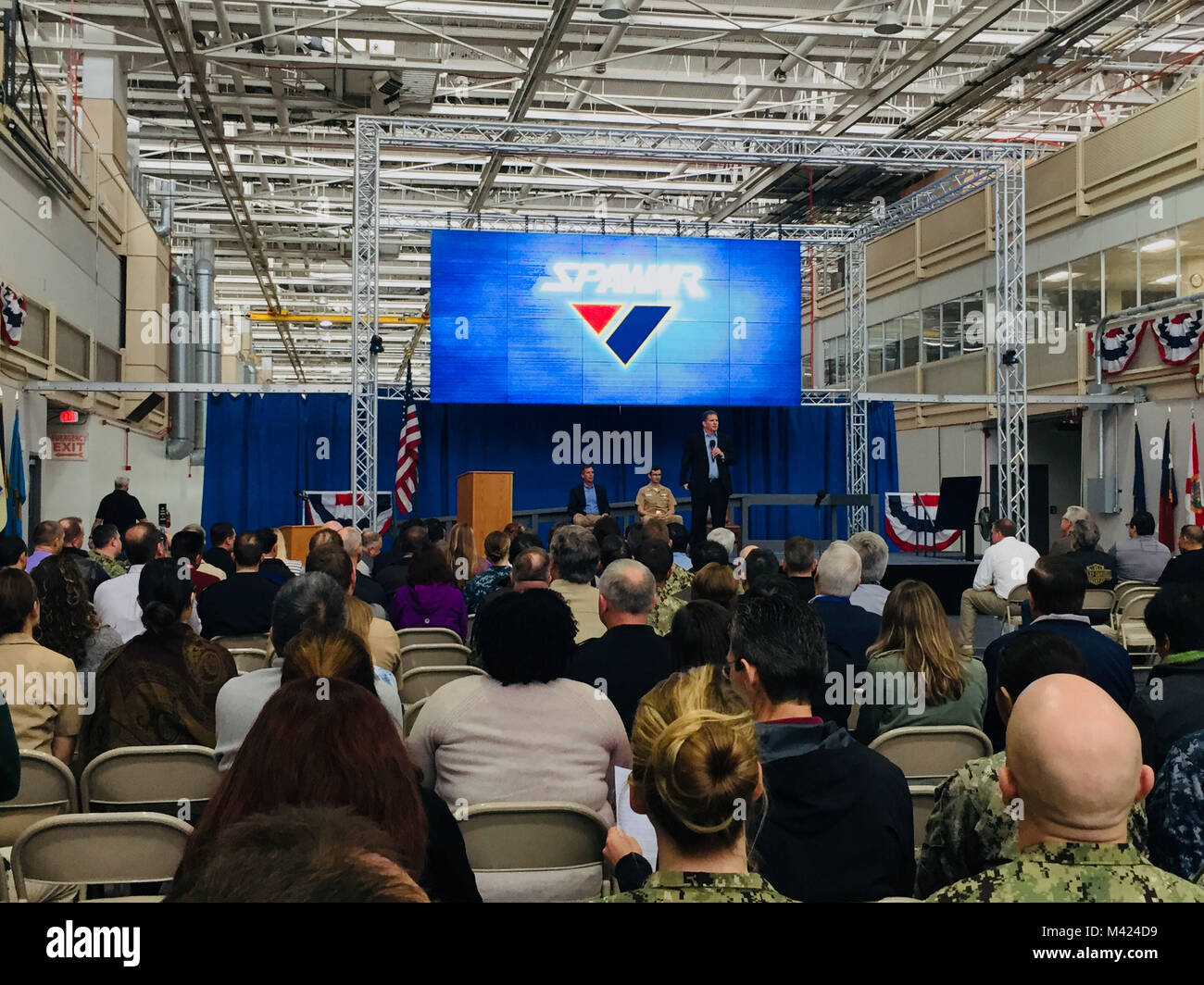 180209-N-TN557-006 SAN DIEGO (Feb. 9, 2018) – James Geurts, Assistant Secretary of the Navy for Research, Development and Acquisition (ASN (RD&A)), speaks with the Space and Naval Warfare Systems Command (SPAWAR) workforce to highlight his priorities and answer questions on issues impacting the information warfare environment, Feb. 9. Geurts was sworn in as ASN (RD&A) on Dec. 5, 2017 following his confirmation by the Senate in November 2017. SPAWAR identifies, develops, delivers and sustains information warfighting capabilities supporting naval, joint, coalition and other national missions. SP Stock Photo