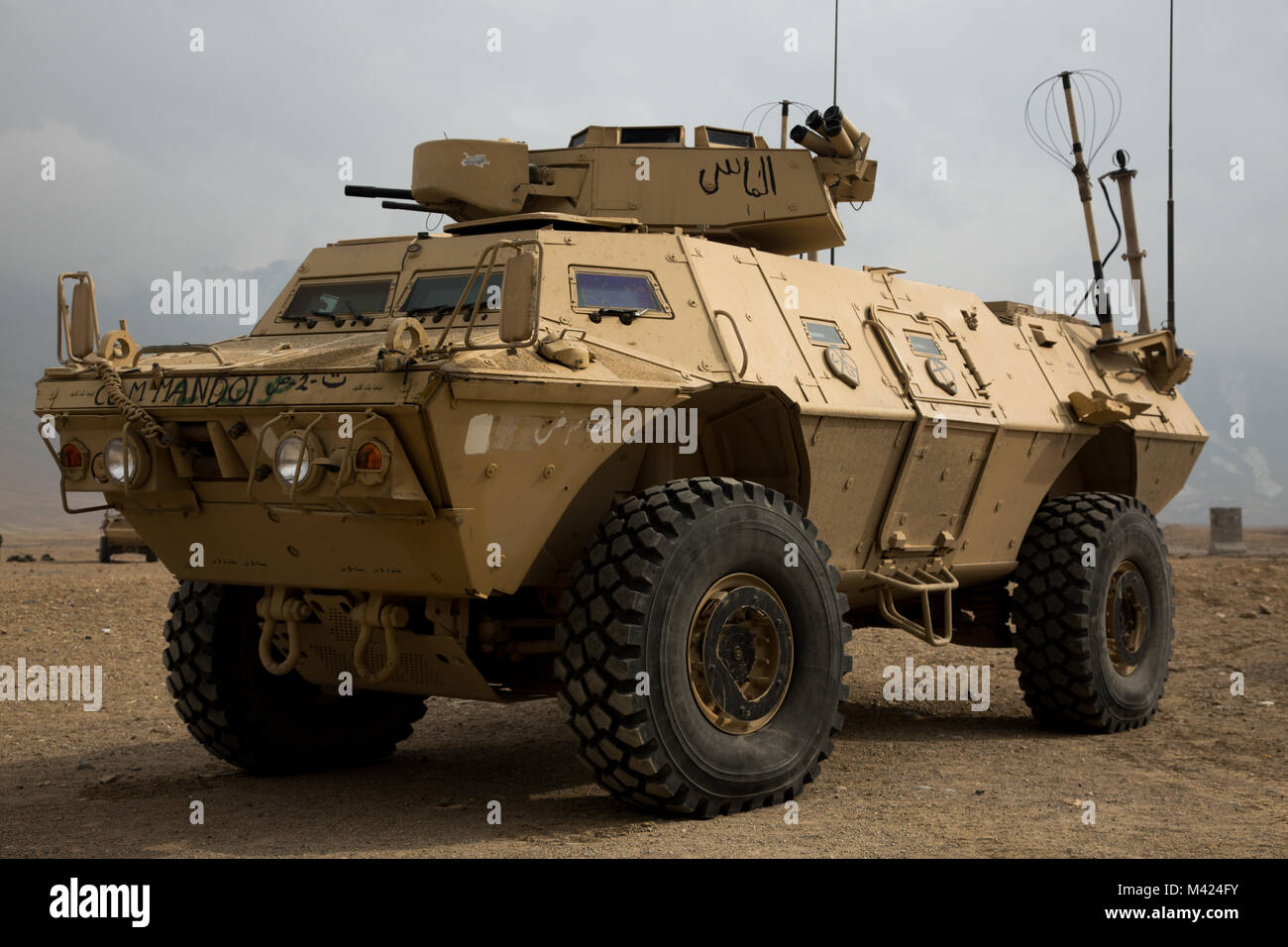 Commandos from the 6th Special Operations Kandak demonstrate the enhanced firepower and mobility capabilities coming to the Afghan National Army Special Operations Command during training in Kabul, Afghanistan, Feb. 10, 2018. Using Mobile Strike Fighting Vehicles, ANASOC will establish seven Cobra Strike Kandaks in the next four years. Soldiers from a conventional ANA Mobile Strike Kandak passed the Commando Qualification Course in Dec. 2017, and now comprise the first class attending the Cobra Strike Maneuver Course. Upon their graduation in late-Apr. 2018, ANASOC will designate the Commando  Stock Photo