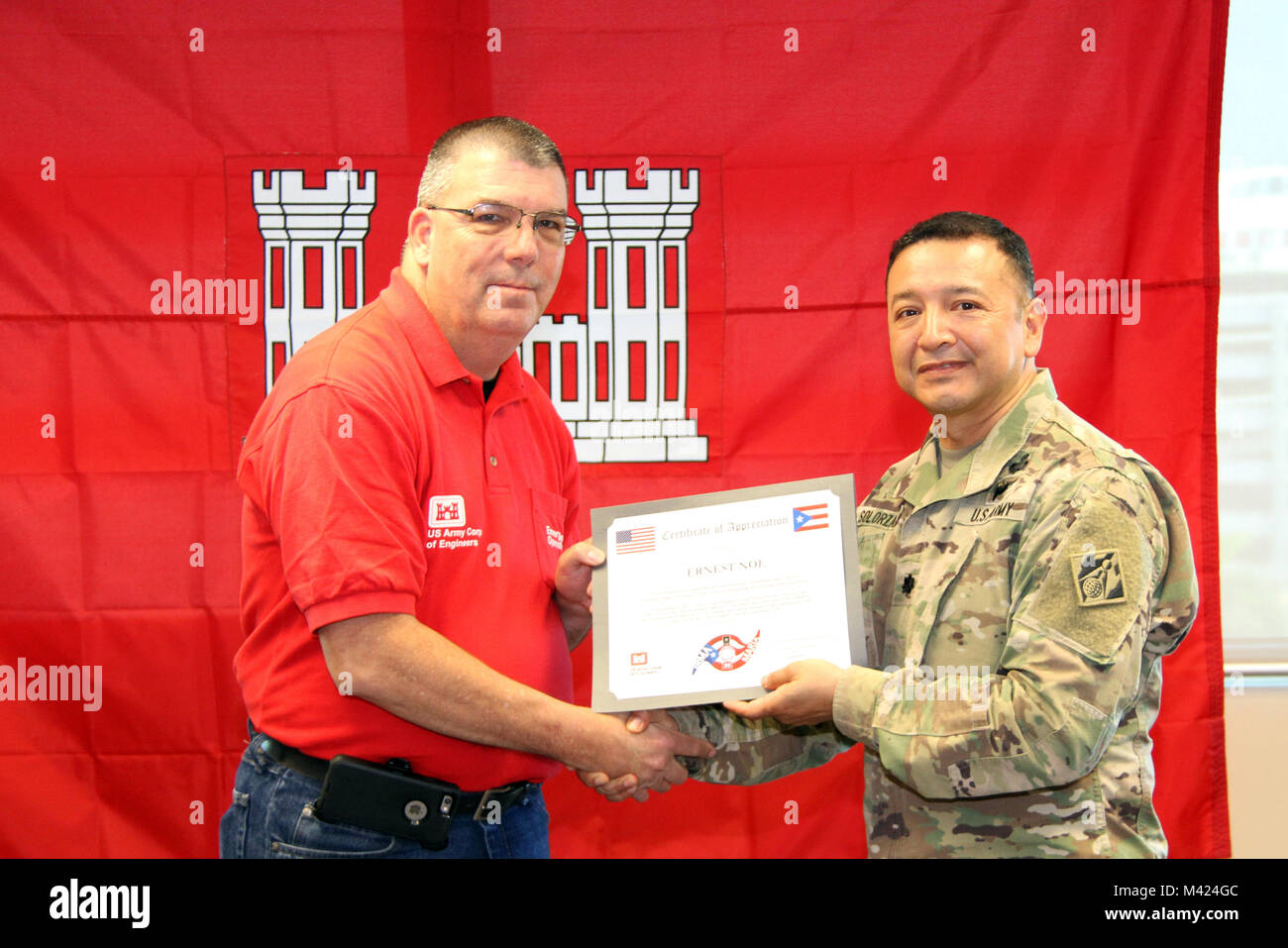 Ernest Noe, chief ranger for Mobile District's Lake Lanier, was recognized on February 10, 2018 by Recovery Field Office commander Lt. Col. Roberto Solorzano for his work while deployed to Puerto Rico for the U.S. Army Corps of Engineers Hurricane Maria/Hurricane Irma response. He is a resident of Dawsonville, Georgia. Stock Photo