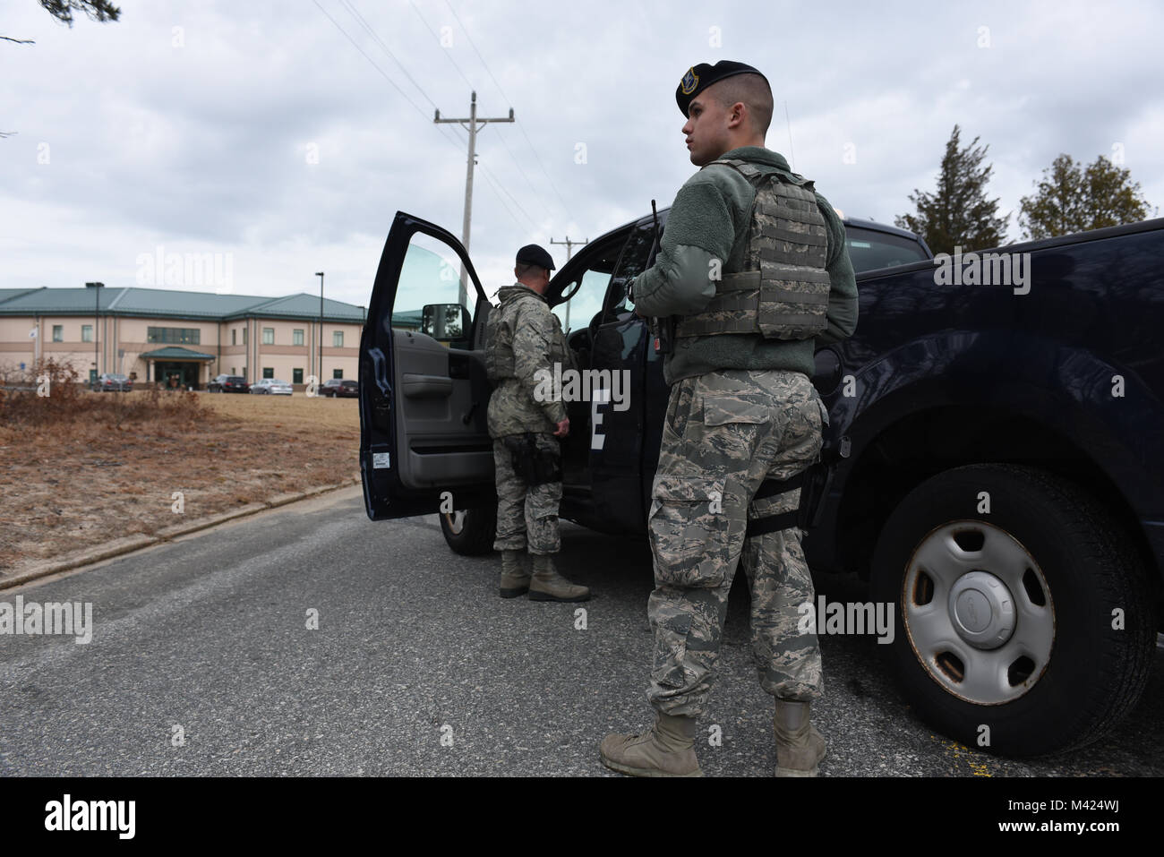 Members assigned to the 102nd Security Forces Squadron participate in an active shooter exercise on Feb. 10, 2018 at Otis Air National Guard Base, Mass. The exercise was designed to simulate the chaotic nature of a disgruntled person entering a facility on base and opening fire. Airmen from the 102nd SFS responded quickly to the incident and worked together to clear rooms and isolate where the shooter was. The 102nd Intelligence Wing Inspector General team stressed that knowing how to react to situations like active shooters is crucial for all members on base. Stock Photo