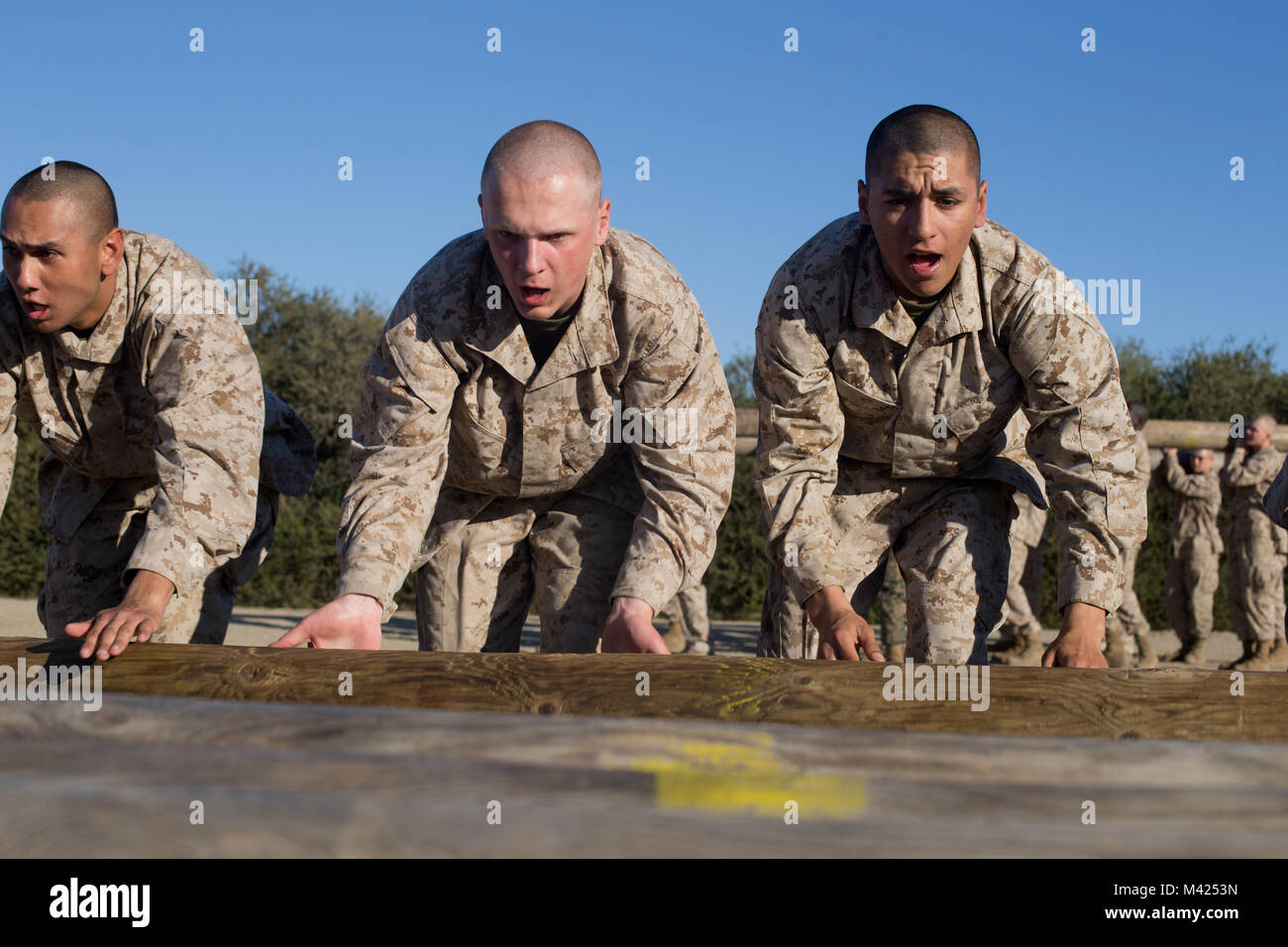 Recruits with Kilo Company, 3rd Recruit Training Battalion, perform log drills at Marine Corps Recruit Depot San Diego, Jan. 22. Each exercise helped recruits develop cardiovascular endurance and prepare for future physical endeavors. Annually, more than 17,000 males recruited from the Western Recruiting Region are trained at MCRD San Diego. Kilo Company is scheduled to graduate March 16. Stock Photo