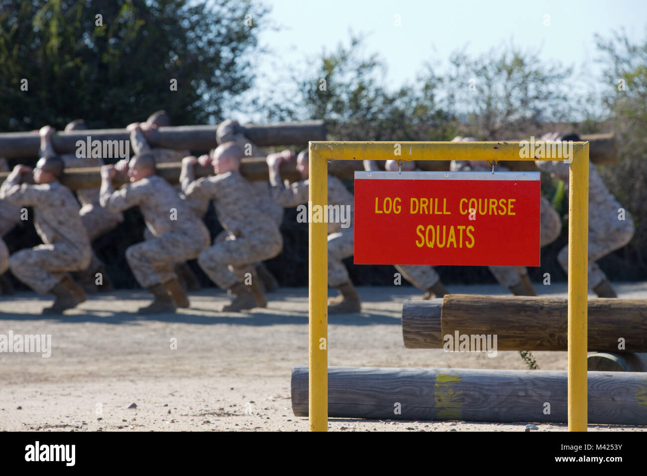 Recruits with Kilo Company, 3rd Recruit Training Battalion, perform squats with a log at Marine Corps Recruit Depot San Diego, Jan. 22. If one recruit failed to put the amount of effort needed, the rest of the group had to pick up the slack. Annually, more than 17,000 males recruited from the Western Recruiting Region are trained at MCRD San Diego. Kilo Company is scheduled to graduate March 16. Stock Photo