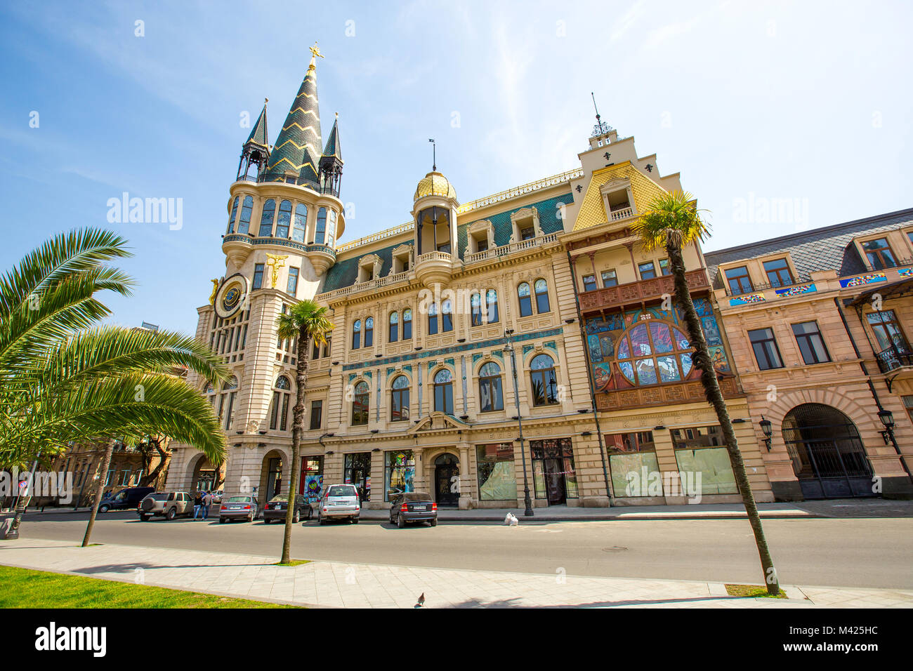 National Bank of Georgia in Batumi, on which there are an astronomical clock and a beautiful stained glass window. April 19, 2014 Stock Photo