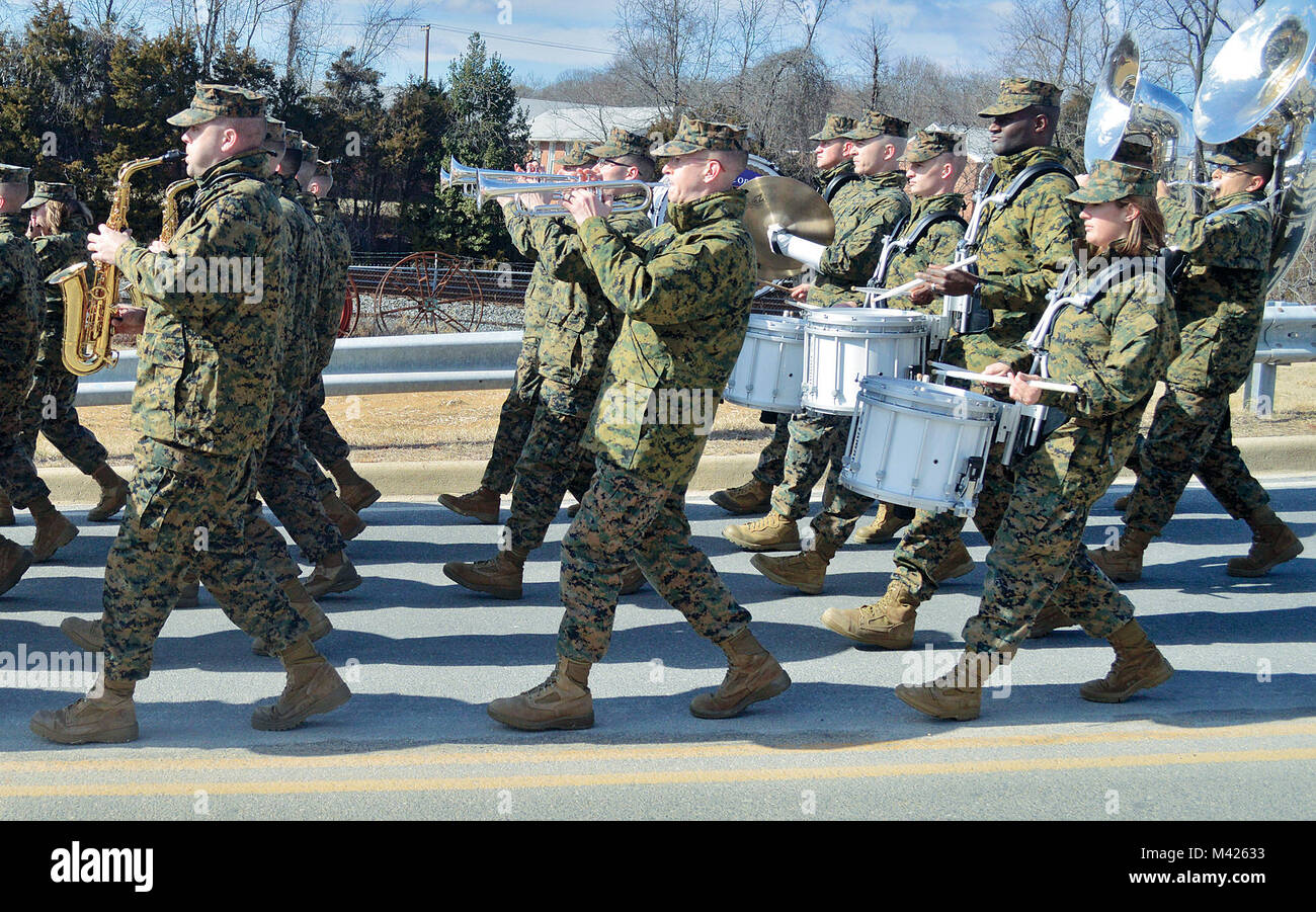 The Marine Corps Base Quantico Band practiced for weeks to perfect their music and form to prepare for the Mardi Gras Parades they will be participating in Feb. 9-13.  The band practiced three to four hours a day, three times a week, sometimes marching as much as five miles at a time.  (Photo by Jeremy Beale) Stock Photo