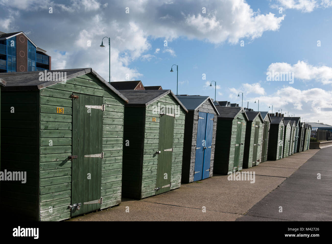 Beach Huts on the promenade at Lee-on-the-Solent, Gosport, Hampshire, England, UK. Stock Photo