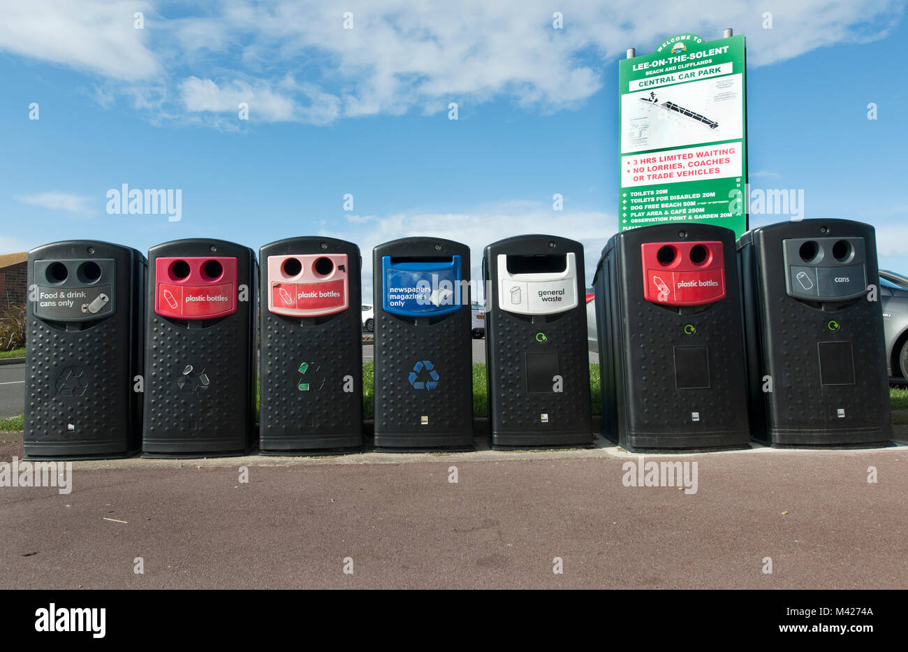 A collection of recycle bins on the seafront at LeeontheSolent