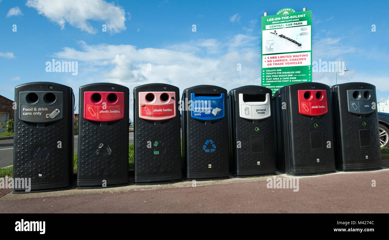 A collection of recycle bins on the seafront at Lee-on-the-Solent, Gosport, Hampshire, England, UK. Stock Photo