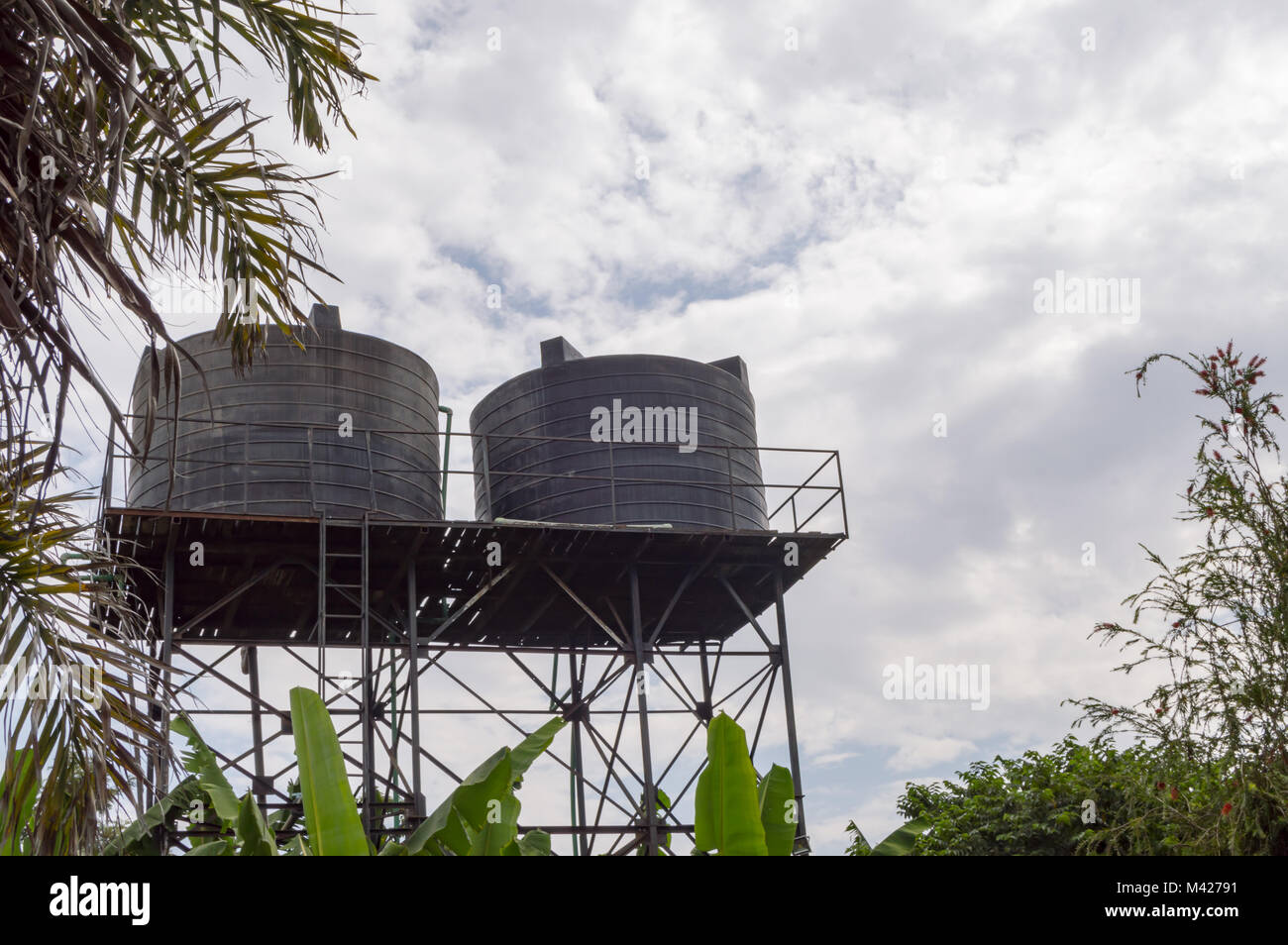 wo plastic water tanks on an iron frame in a tropical garden in Nairobi Kenya Stock Photo