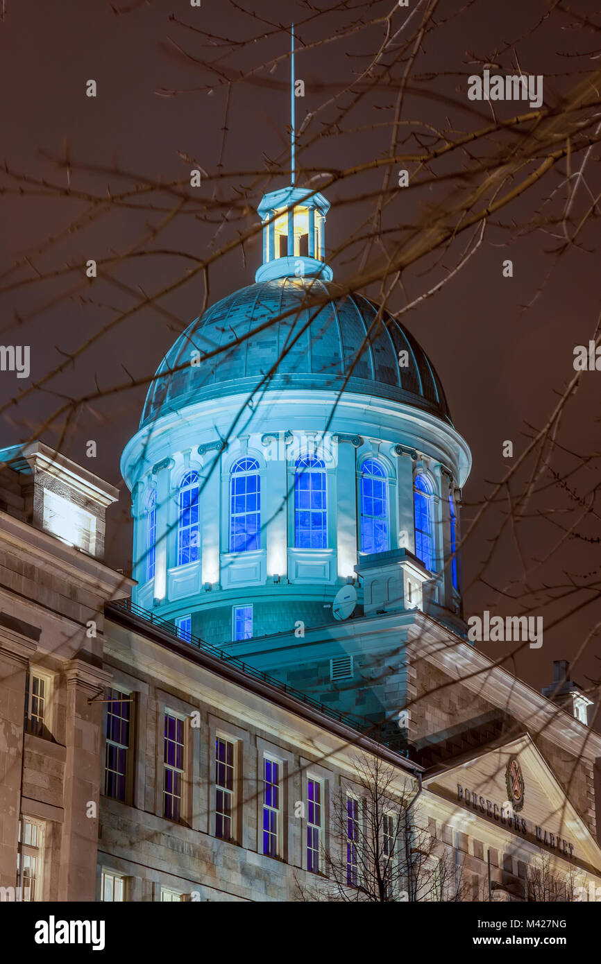 Blue-lighted dome of the Bonsecures Market building, an historic landmark, at night in Montreal, Quebec, Canada. Stock Photo