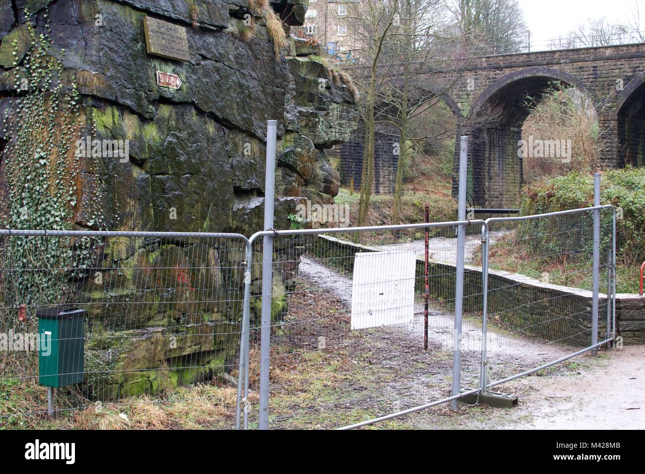 The Torrs by the River Got in New Mills,  Derbyshire, part of which has been blocked off because of the danger of falling stones. Stock Photo