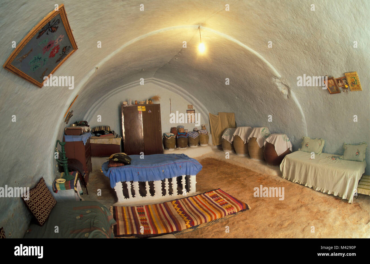 Tunisia. Matmata oasis. Sahara desert. Interior of cave dwelling in Sahara Desert.Warm in winter, cool in summer. Stock Photo