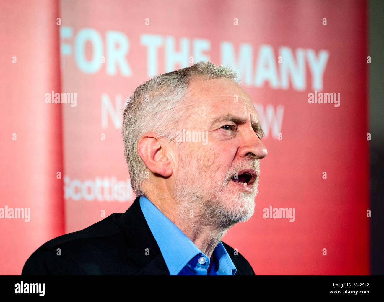 Labour Leader Jeremy Corbyn gives speech at the Shottstown Miners Welfare Hall, Penicuik, Midlothian at the start of a tour of Scotland Stock Photo