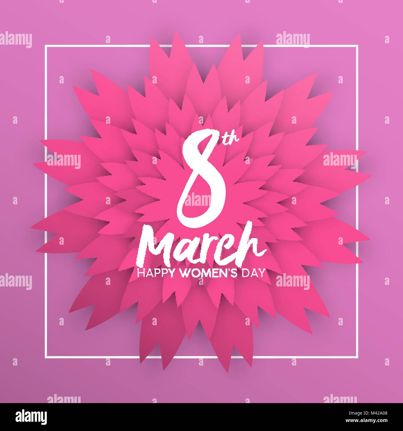 Happy Women's Day greeting card illustration. Pink paper cut flower ...