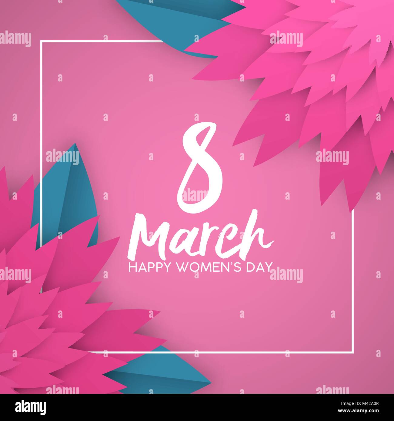 Happy Women's Day greeting card illustration. Pink 3d paper cut flower ...