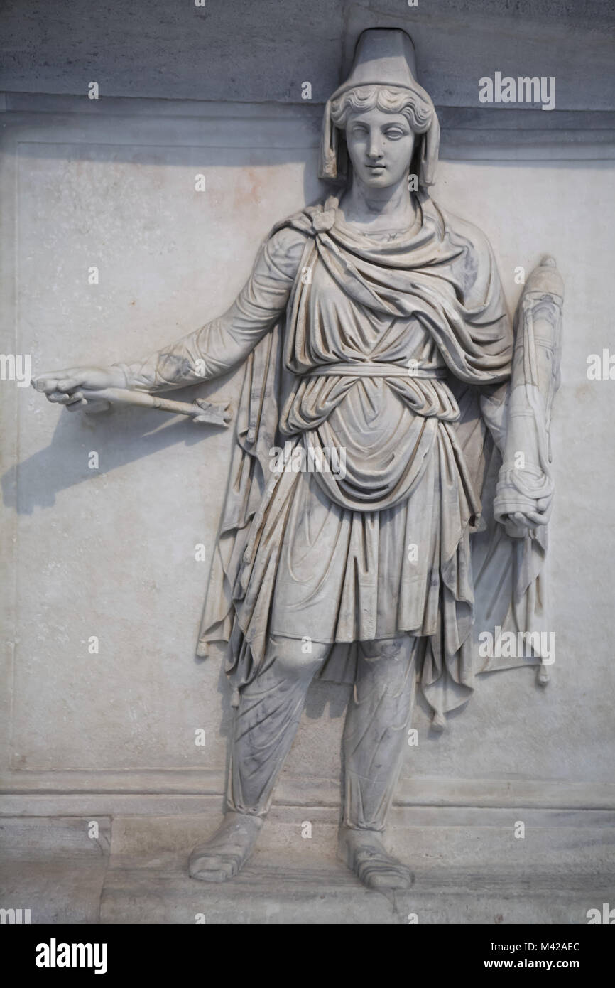 Armenia or Parthia. Personification of one of the Roman provinces, probably Armenia or Parthia, from the 2nd century AD from the Hadrianeum (Temple of Hadrian) on the Campus Martius in Rome. Roman marble relief from the Farnese Collection on display in the National Archaeological Museum in Naples, Campania, Italy. Stock Photo