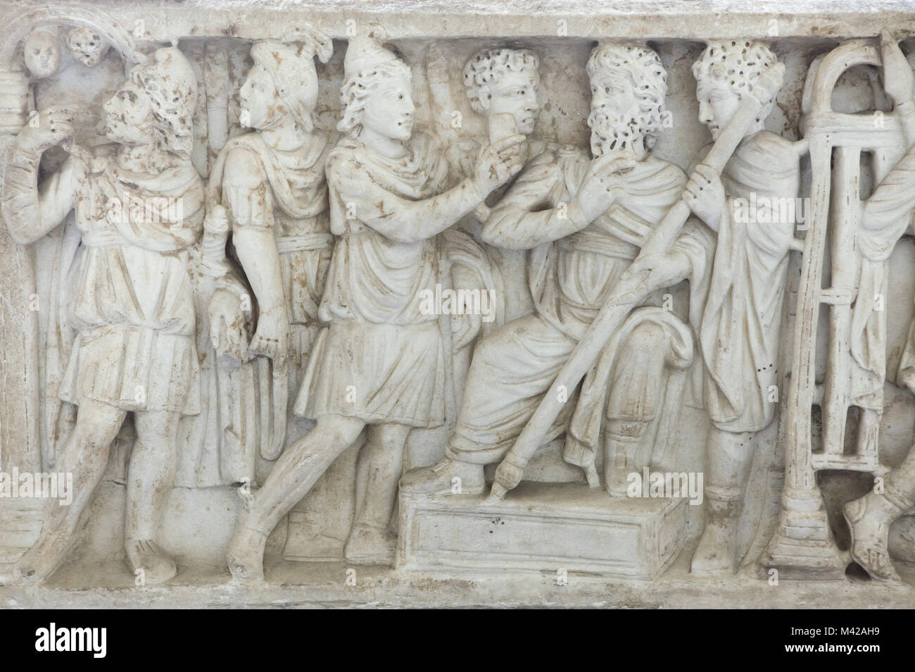 Pelops and King Oenomaus. Roman marble sarcophagus from the 4th century AD on display in the National Archaeological Museum in Naples, Campania, Italy. Stock Photo
