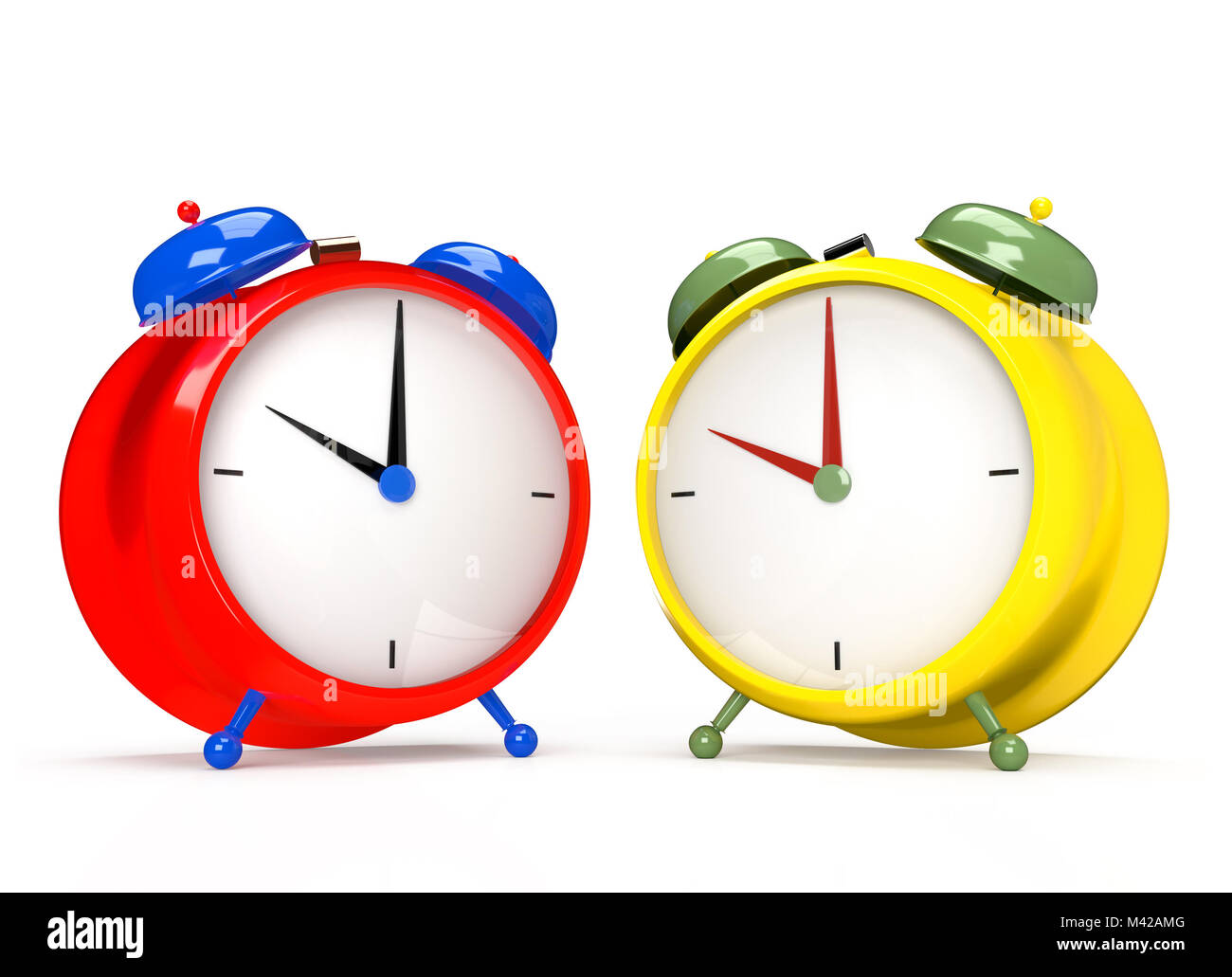 Two colorful alarm clocks on white background. 3D rendering Stock Photo