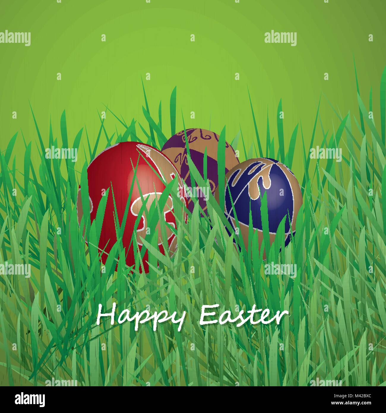 Happy Easter Card with Painted Easter Eggs in the Grass - Illustration Template in Freely Scalable and Editable Vector Format Stock Vector