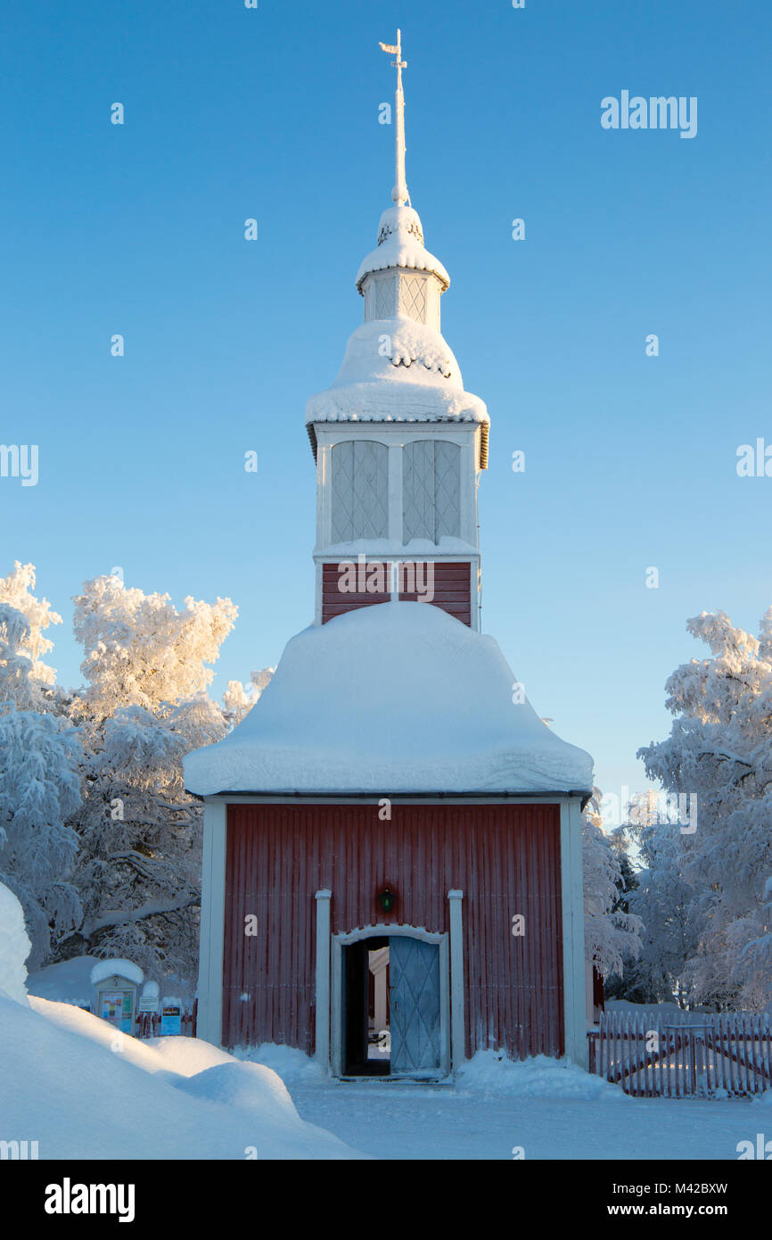 Entranace to the old wooden Sami church of Jukkasjarvi, Kiruna, Sweden Stock Photo