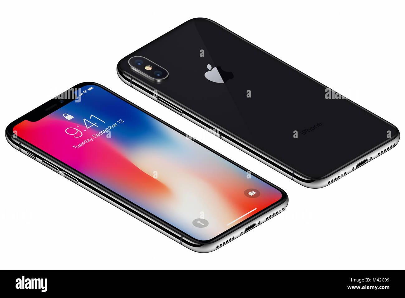 Isometric Space Gray Apple iPhone X front side with iOS 11 lockscreen and back side isolated on white background. Stock Photo