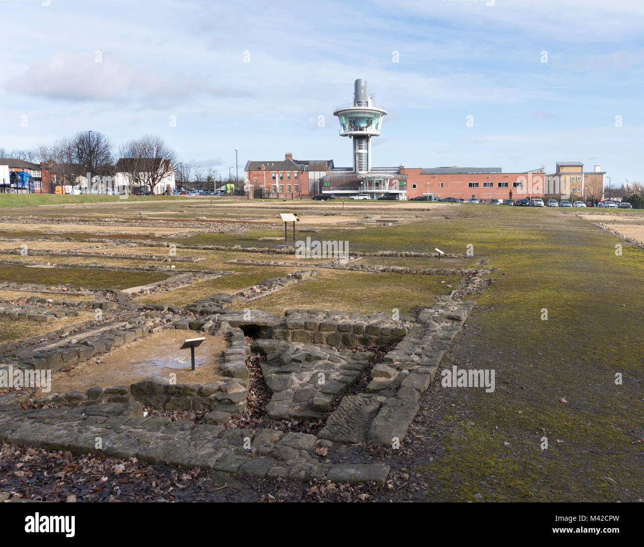 Segedunum Roman Fort, view across site towards observation tower, Wallsend, north east England, UK Stock Photo