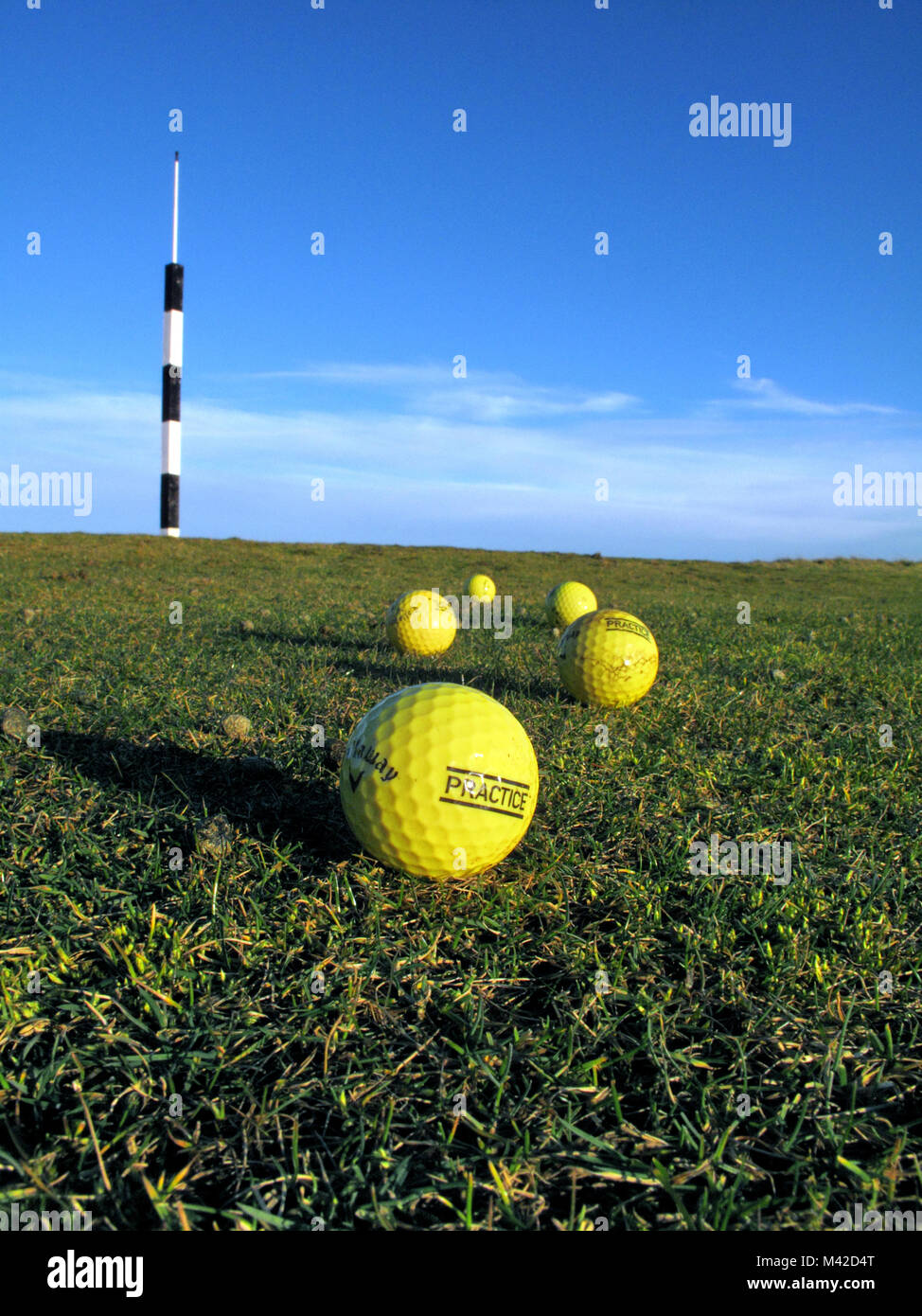 Yellow practice balls lying on green near a marking flag post ,pole. Stock Photo