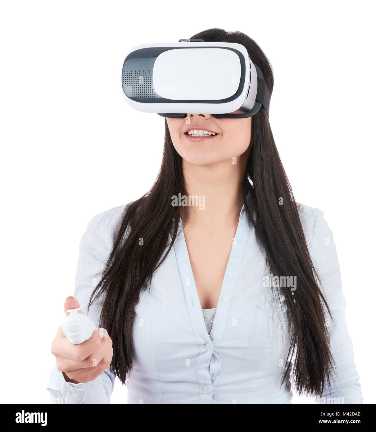 Young woman is using VR headset isolated on white background Stock ...