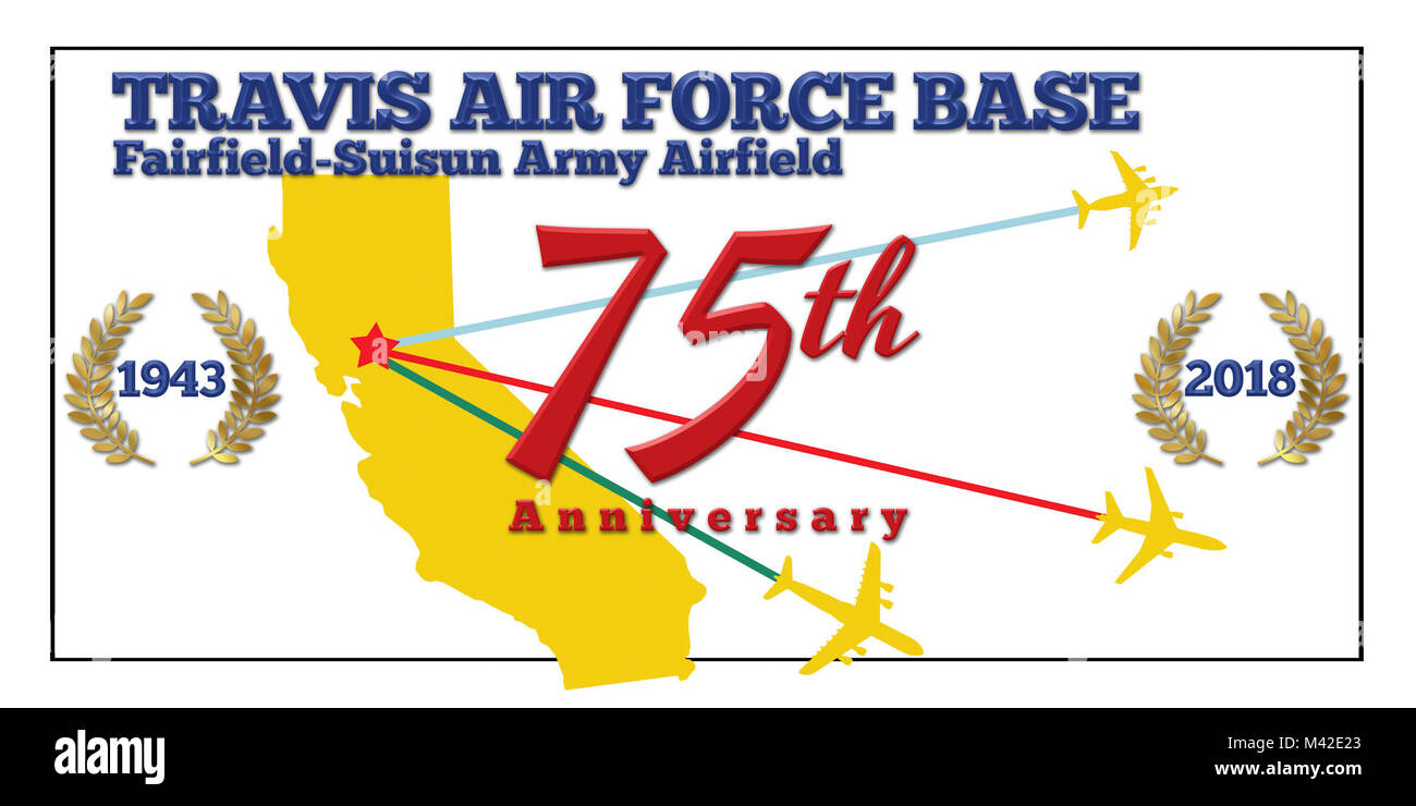 75th Anniversay Banner, created to celebrate the 75th Anniversary of Travis AFB/ Fairfield-Suisun Army Airfield, Travis AFB, CA Stock Photo