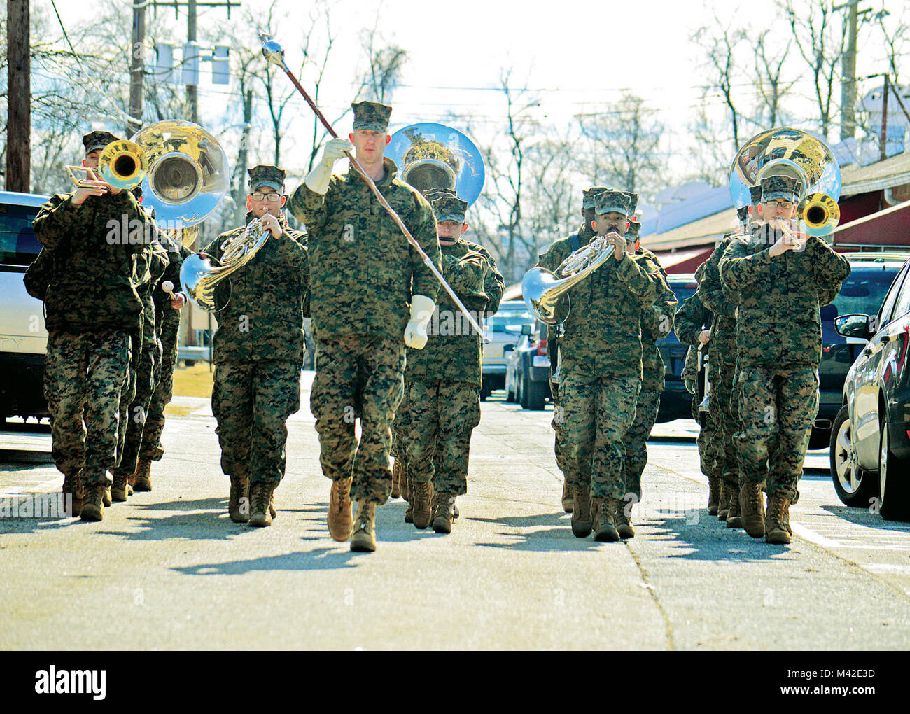 Leading the charge, Staff Sgt. James Mathis, drum major of the Quantico Marine Corps Band begins their four mile march outside the band hall on Roan Street toward the Officer Candidates School.  ( Stock Photo