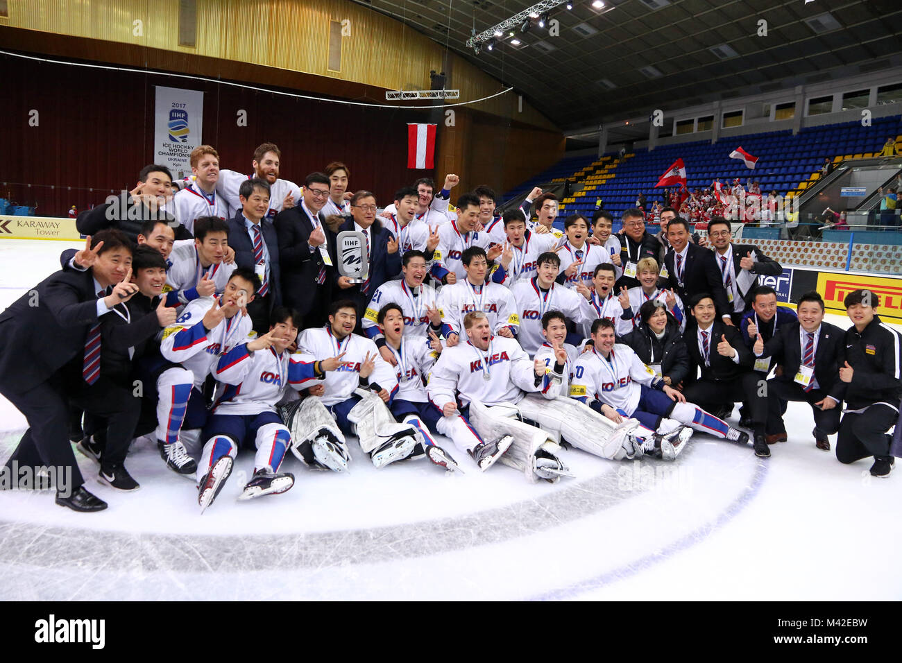 KYIV, UKRAINE - APRIL 28, 2017: Team of South Korea, silver medalist of the IIHF 2017 Ice Hockey World Championship Div 1A, pose for a group photo at  Stock Photo