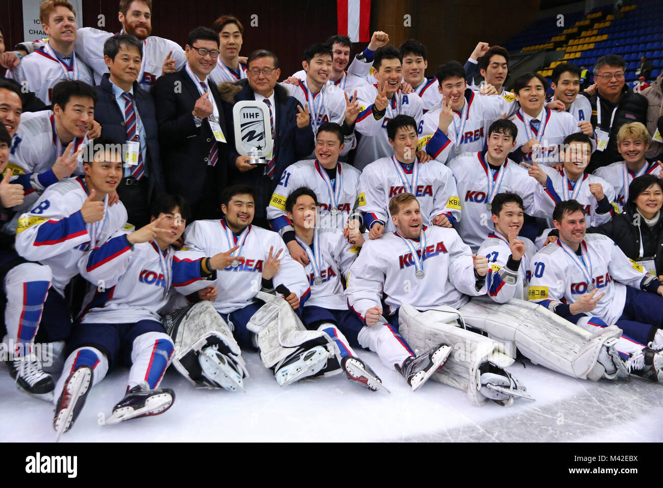 KYIV, UKRAINE - APRIL 28, 2017: Team of South Korea, silver medalist of the IIHF 2017 Ice Hockey World Championship Div 1A, pose for a group photo at  Stock Photo