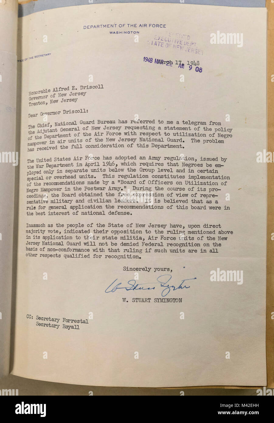 Letter from W. Stuart Symington, Secretary of the Air Force, sent to New Jersey Governor Alfred E. Driscoll on March 17, 1948, authorizing racially mixed units in the New Jersey Air National Guard. This made the New Jersey National Guard the first federally recognized military component to be integrated. (New Jersey National Guard Stock Photo