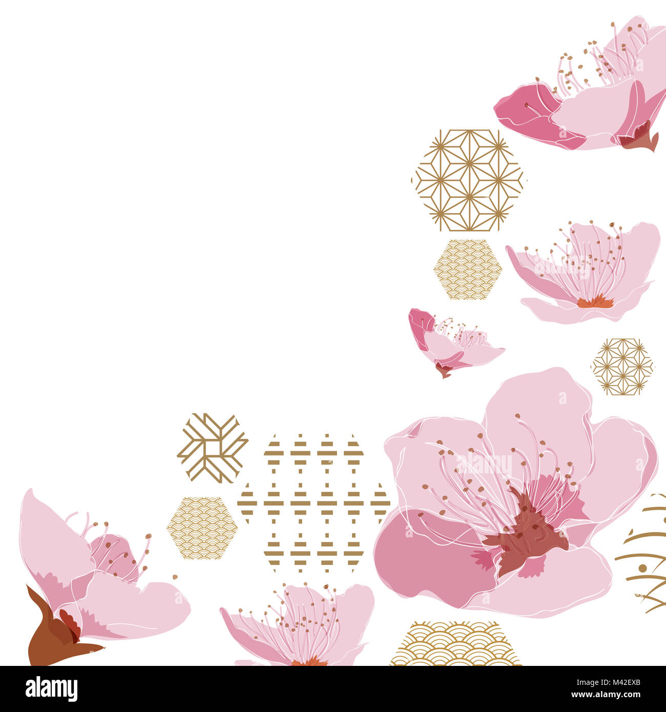 Cherry Blossom Flower Pattern With Gold Japanese Graphic Elements For Stock Photo Alamy https www alamy com stock photo cherry blossom flower pattern with gold japanese graphic elements 174617923 html