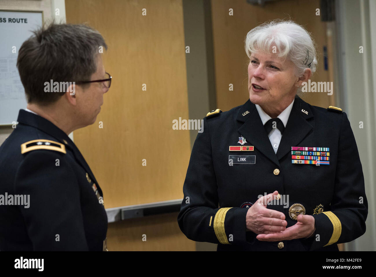 Maj. Gen. Mary Link, commanding general for Army Reserve Medical Command, speaks with Maj. Gen. Tammy Smith, assistant deputy chief of staff for Mobilization and Reserve Affairs before participating in the Women Leadership Roundtable Discussion, hosted at the Pentagon, Feb. 7, 2018. Top U.S. military generals met with congressional delegates to discuss their life perspectives as military women and the importance of having access to every talented American who can add strength to the force. (U.S. Army Reserve Stock Photo